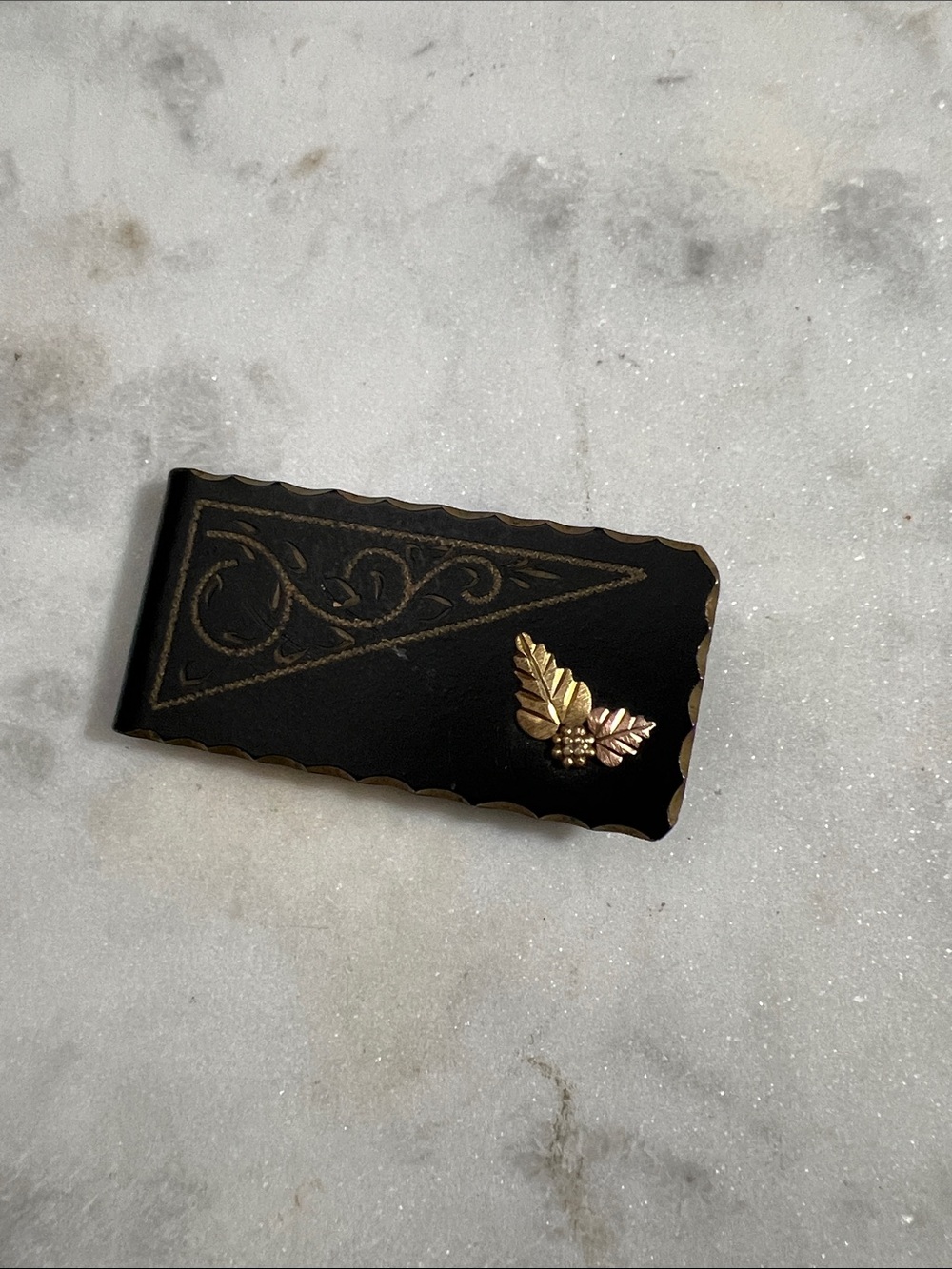 Vintage Black Metal Money Clip with Gold Tone Leaf Accent